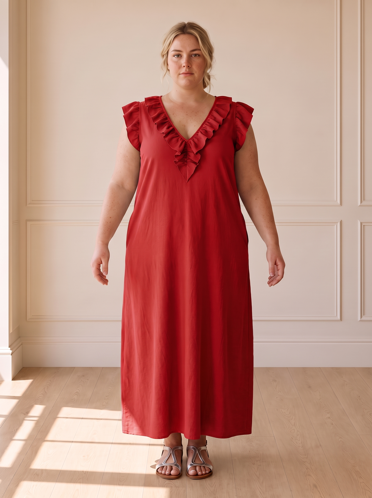 Élina Flowing Boho Dress in Red, front view