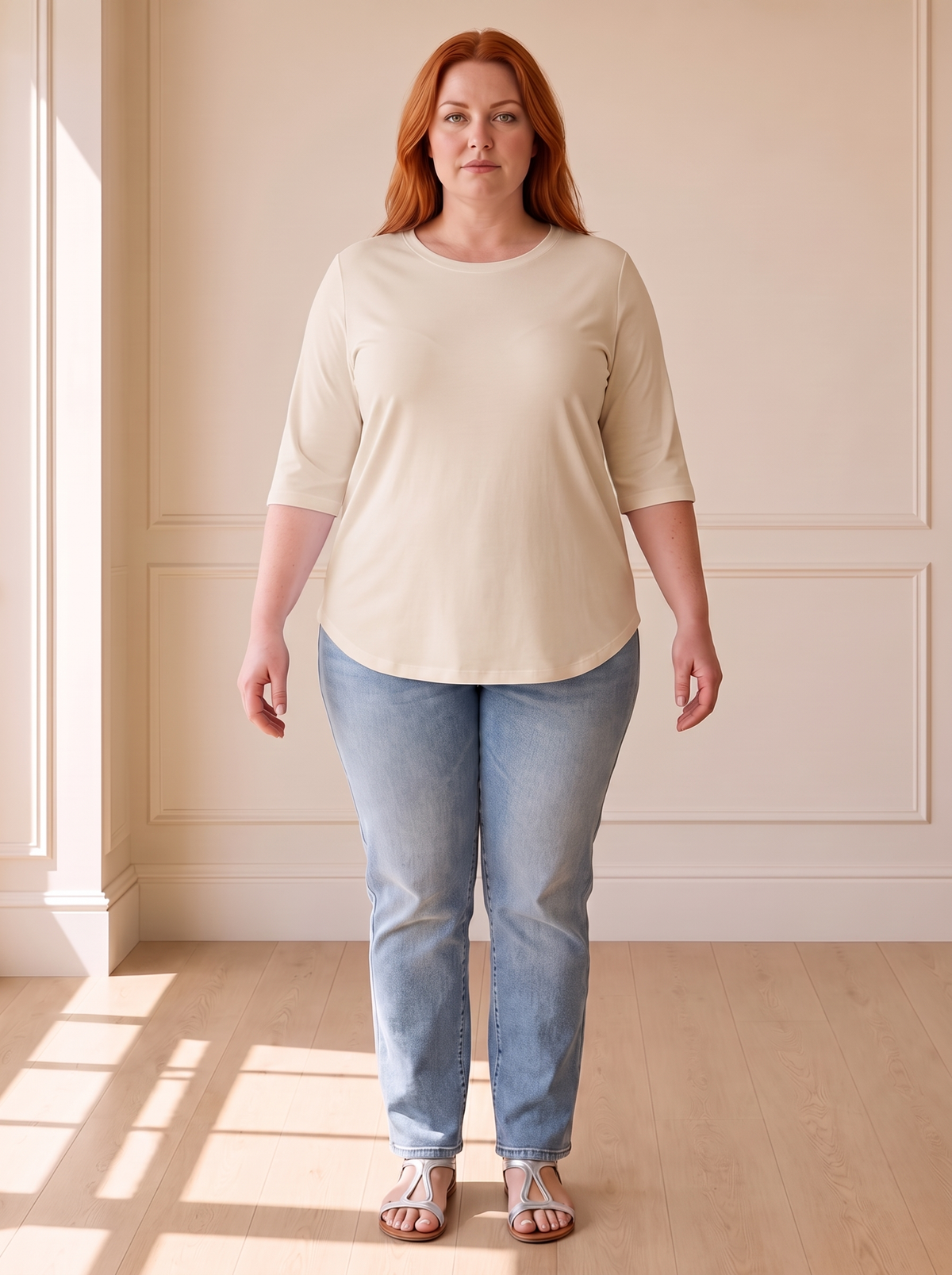 Calvera Essential Comfort Tee in Beige, front view