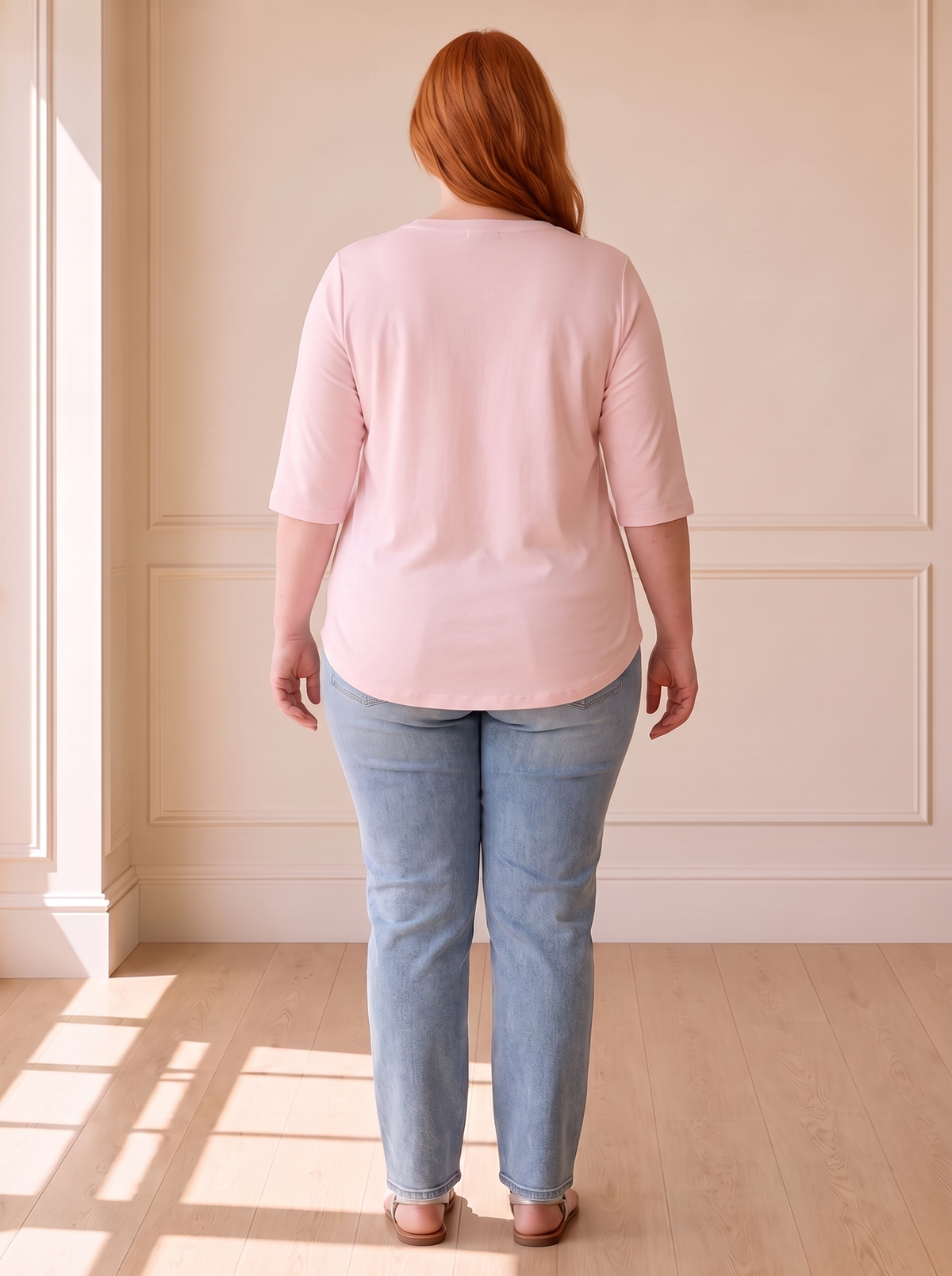 Calvera Essential Comfort Tee in pink, back view