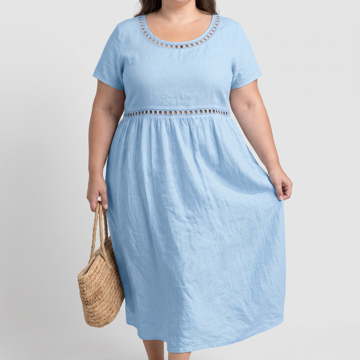 Tera openwork linen midi dress in blue on a plus-size model