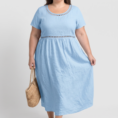 Tera openwork linen midi dress in blue on a plus-size model