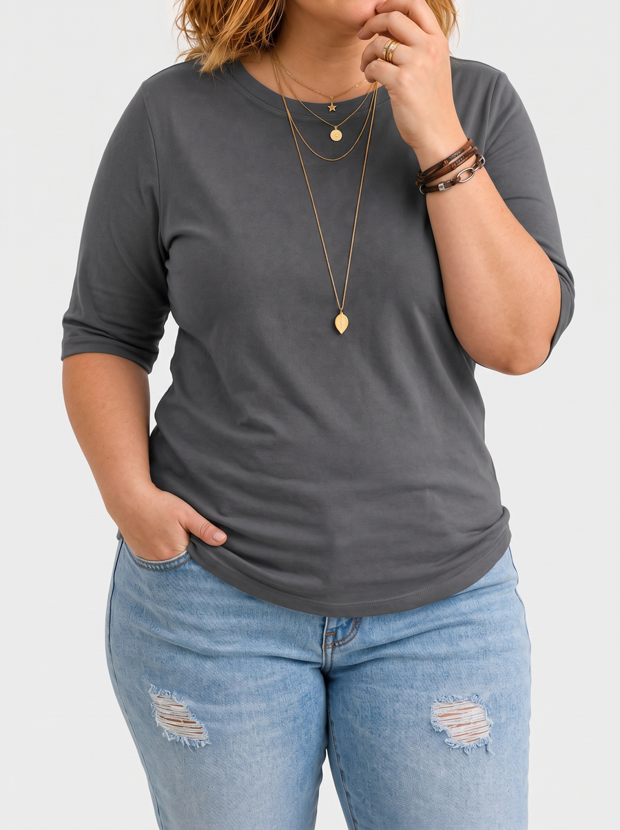 Harper half-sleeve crew neck tee in grey on a plus-size model