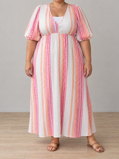 Sophia V-neck print maxi dress in white on a plus-size model