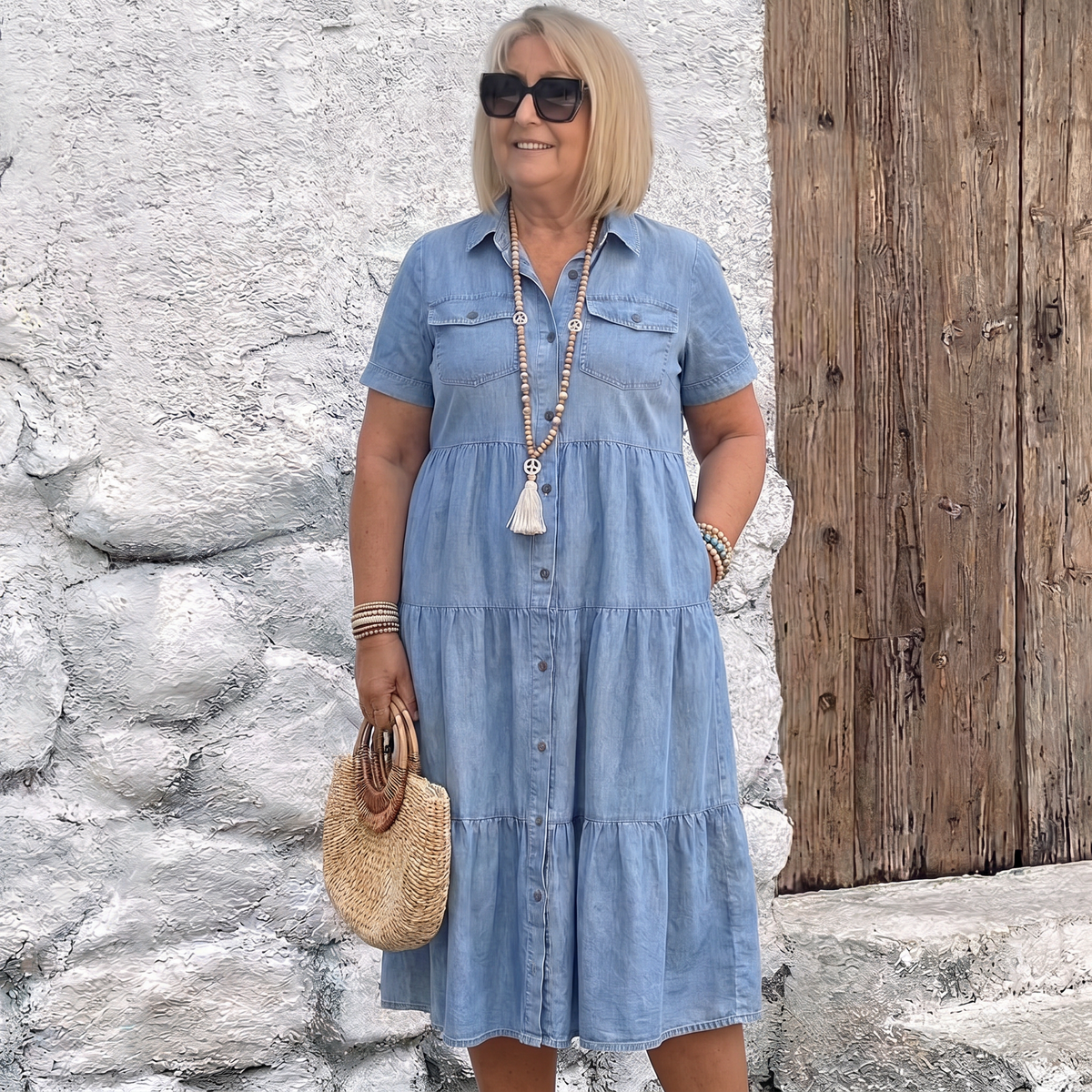 Elizabeth denim print shirt dress in sky blue on a plus-size model