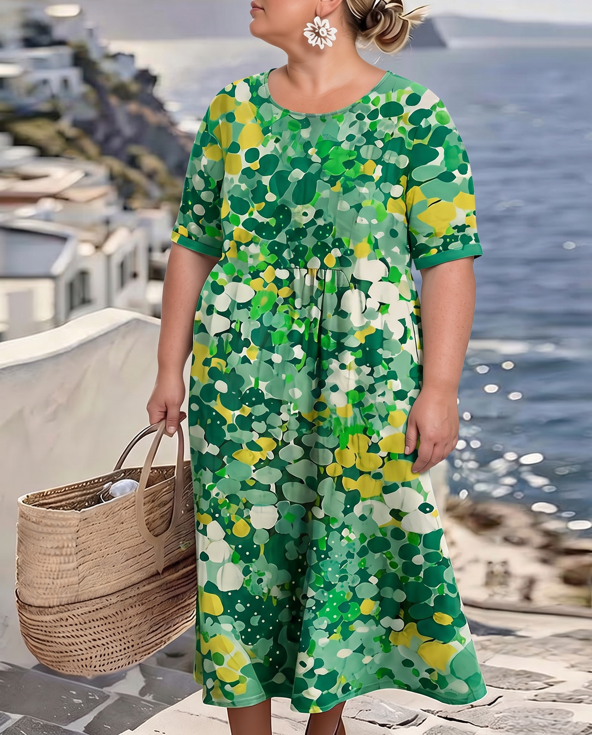 Elena painted floral midi dress in green on a plus-size model