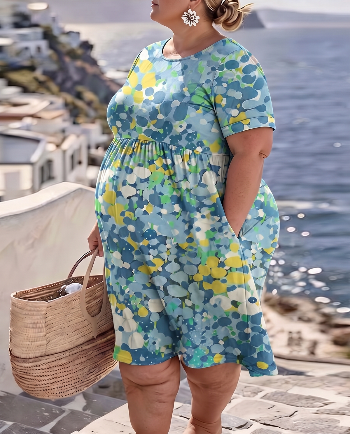 Elena painted floral midi dress in blue on a plus-size model