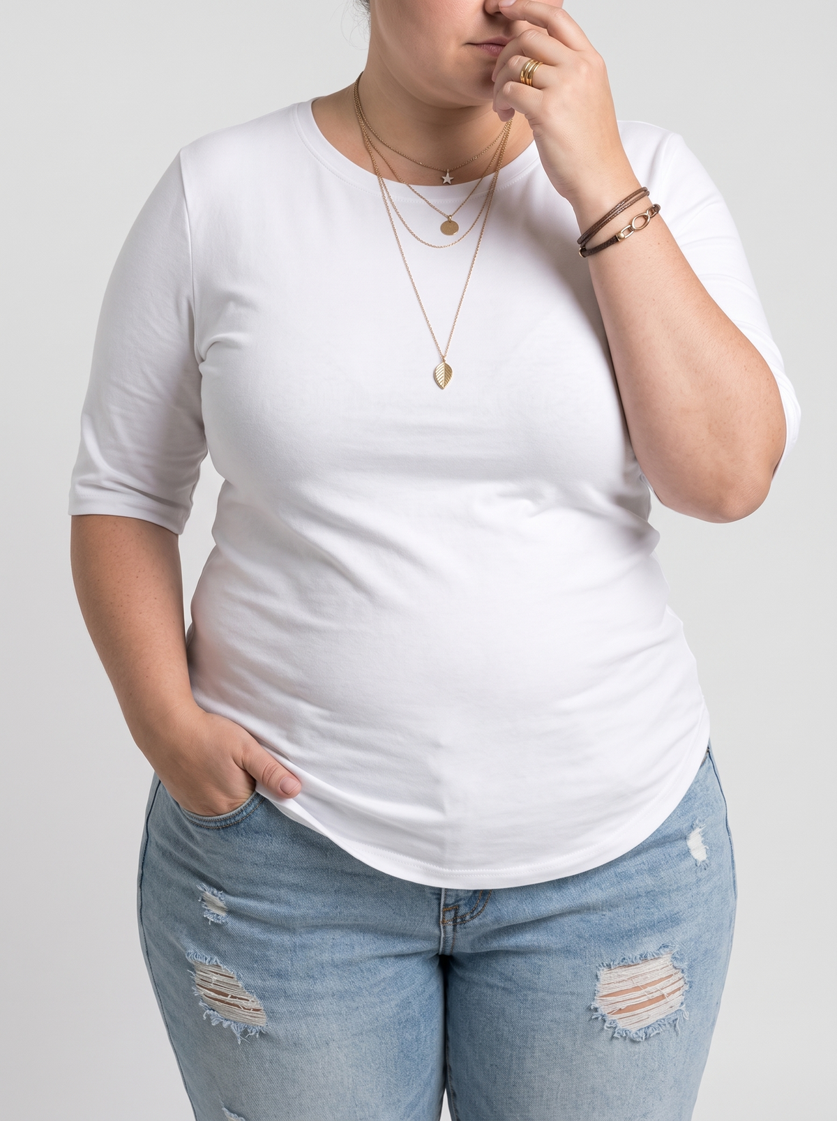 Harper half-sleeve crew neck tee in white on a plus-size model