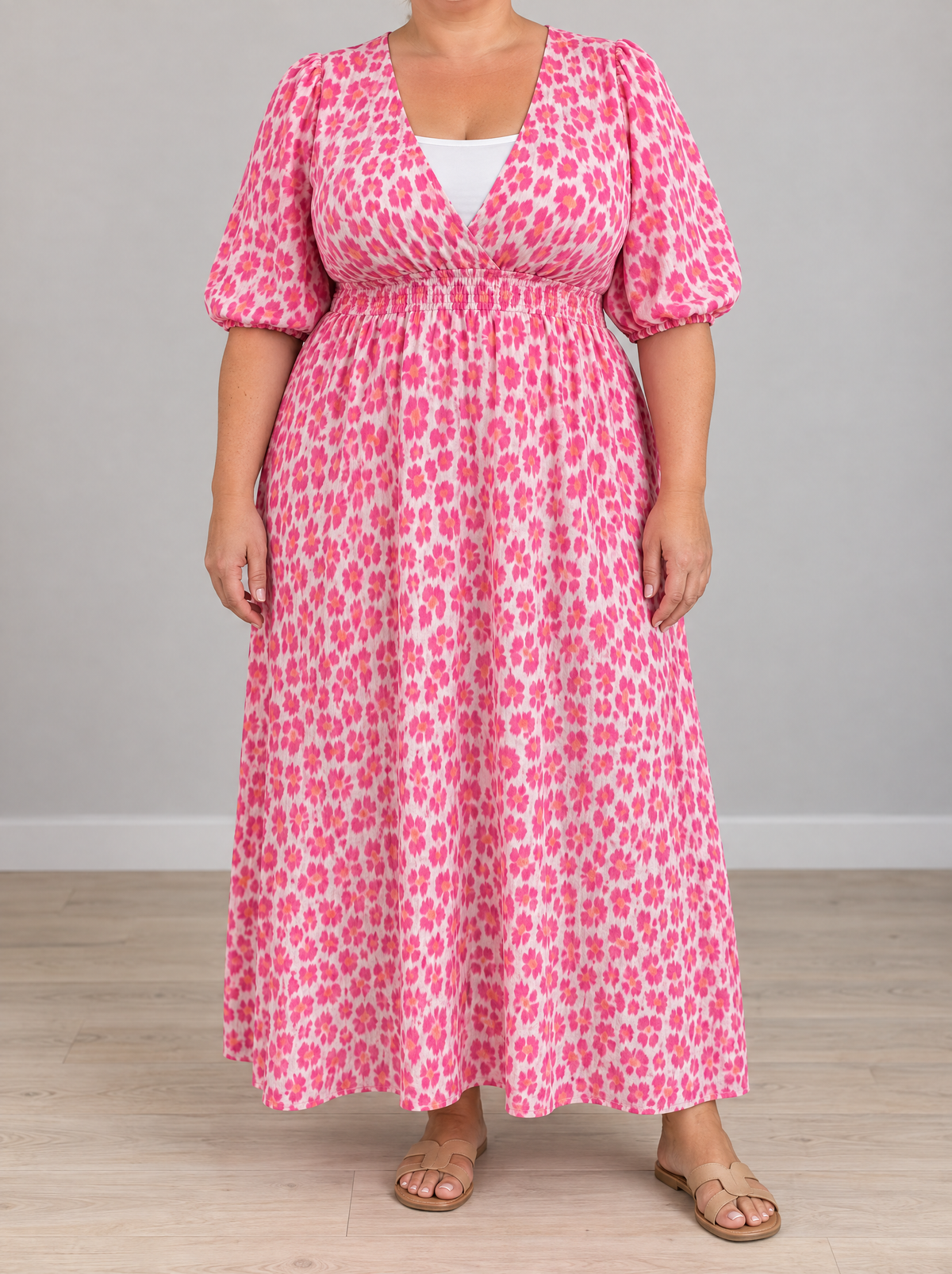 Sophia V-neck print maxi dress in pink on a plus-size model