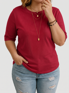 Harper half-sleeve crew neck tee in red on a plus-size model