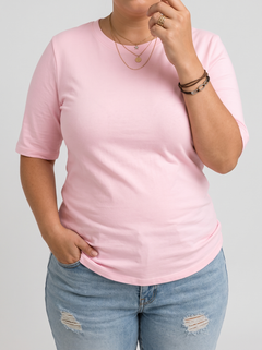 Harper half-sleeve crew neck tee in pink on a plus-size model