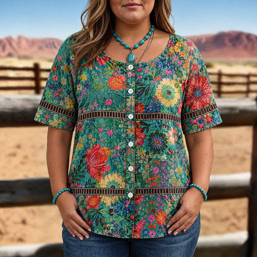 Emily Vintage Floral Print Blouse, short sleeves, button front