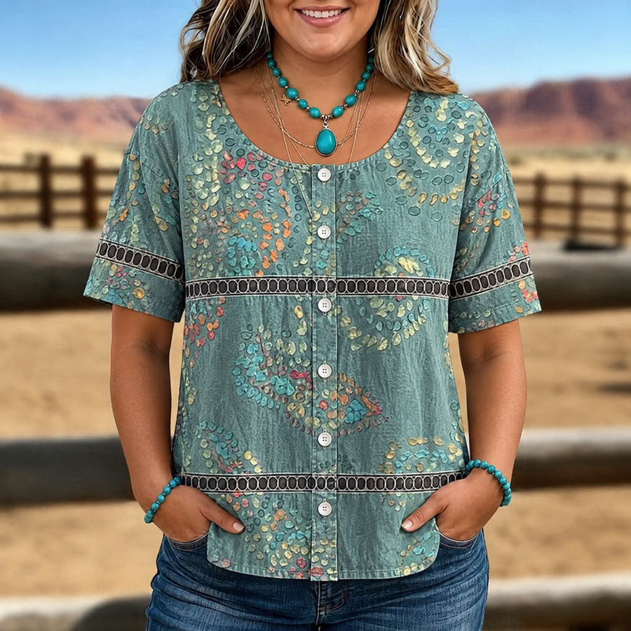 Charlotte Casual Vintage Blouse, short sleeves, button front