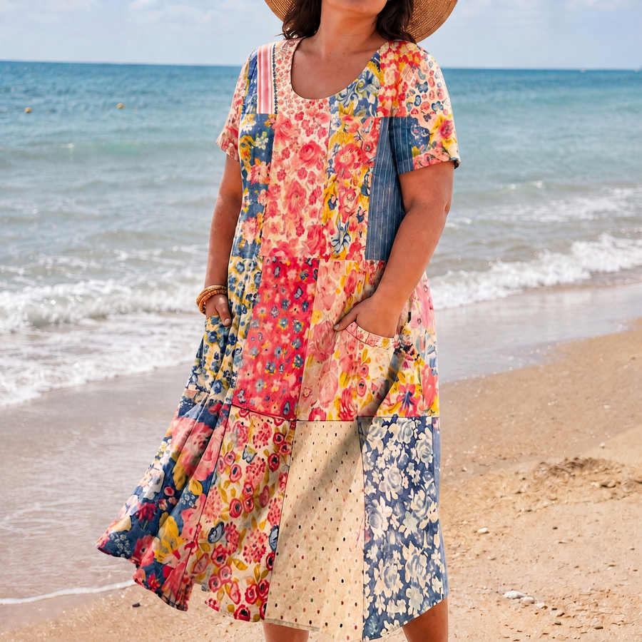 Natalie patchwork floral pocket midi dress