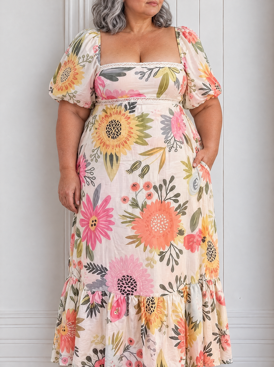 Ivy | Holiday Square Neck Floral Print Maxi Dress