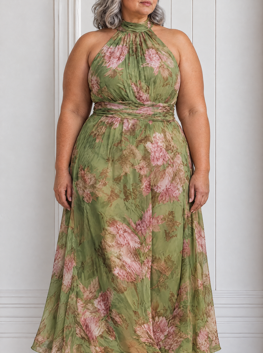 Florence | Green Floral Halter Maxi Dress