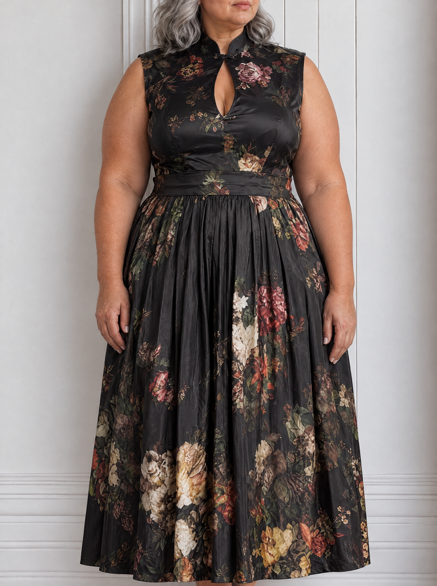 Patricia | Black Floral Pleated Midi Dress