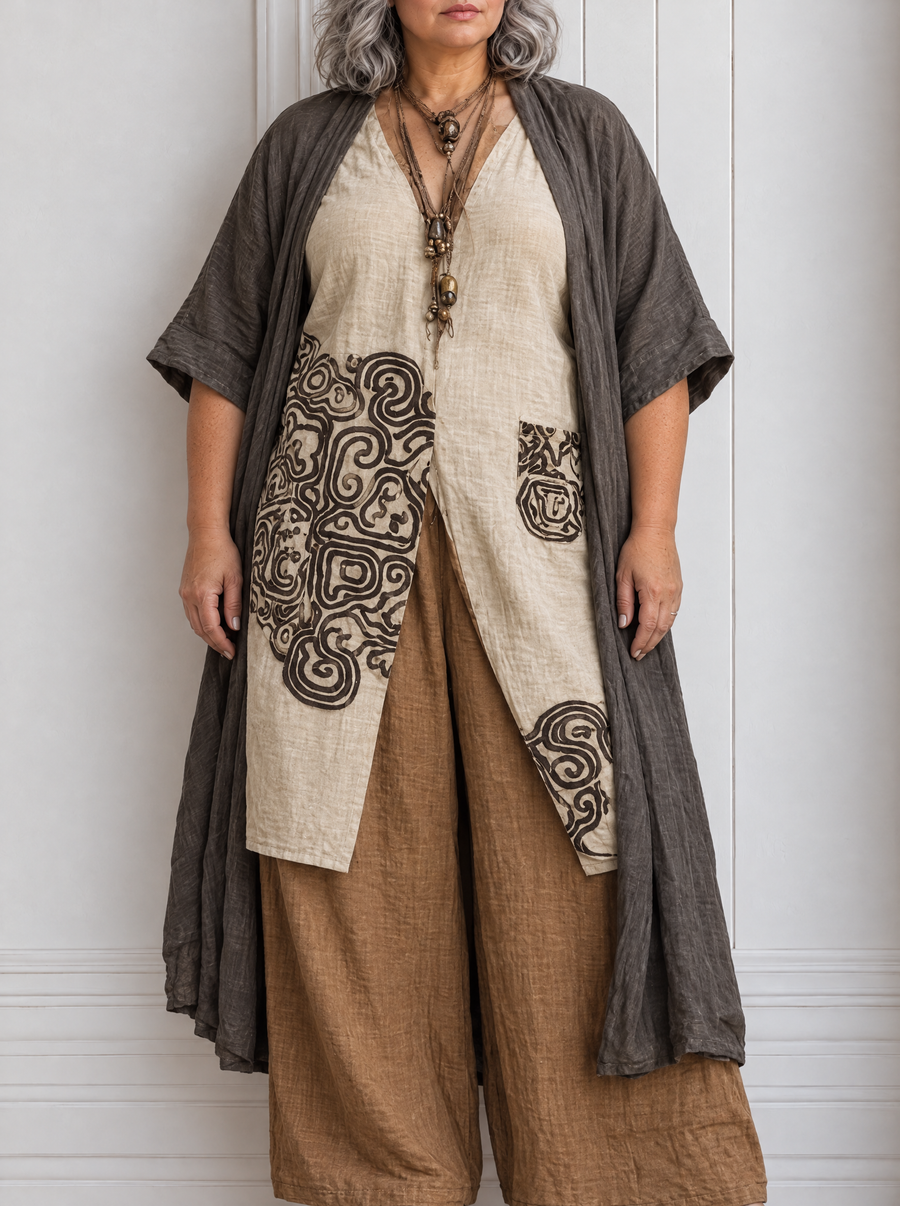 Sophie | Dark Gray & Brown Tribal Print Three-Piece Set