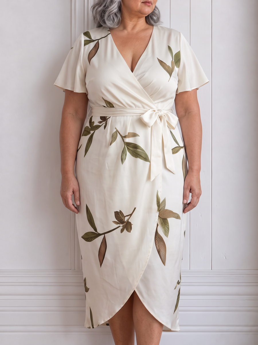 Judy | White Leaf Short Sleeve Midi Dress