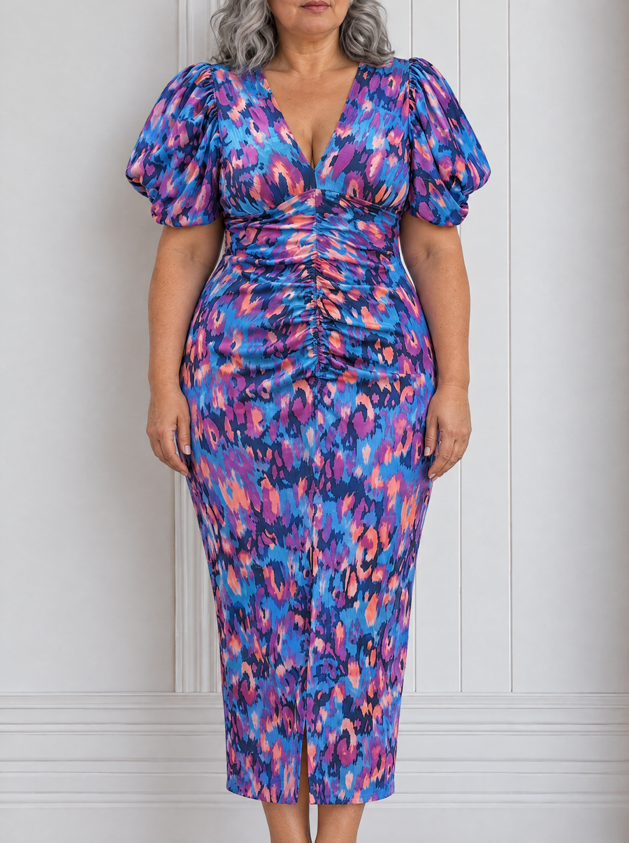Loren - Vibrant Midi Dress with Puff Sleeves