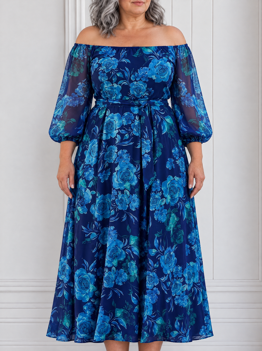Francesca - Long dress with floral print and off-the-shoulder sleeves
