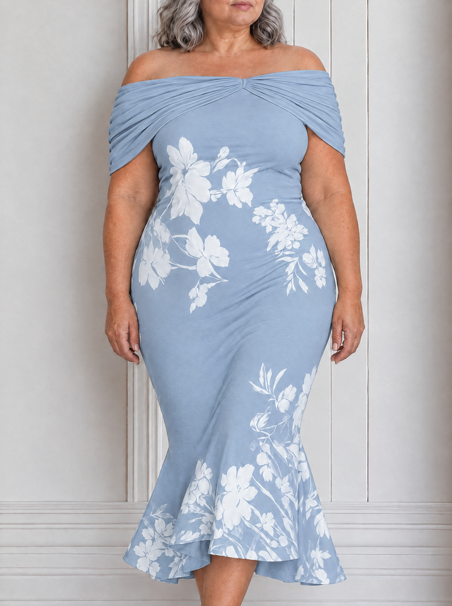 Frederique | Elegant Floral Print Dress - Blue