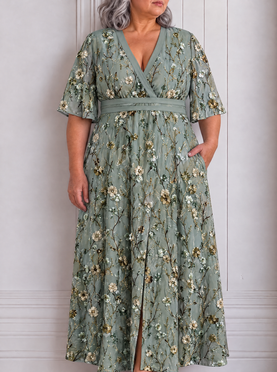 Lea | Seaside Glam Elegant Mid Sleeve Maxi Dress Ensemble - Green