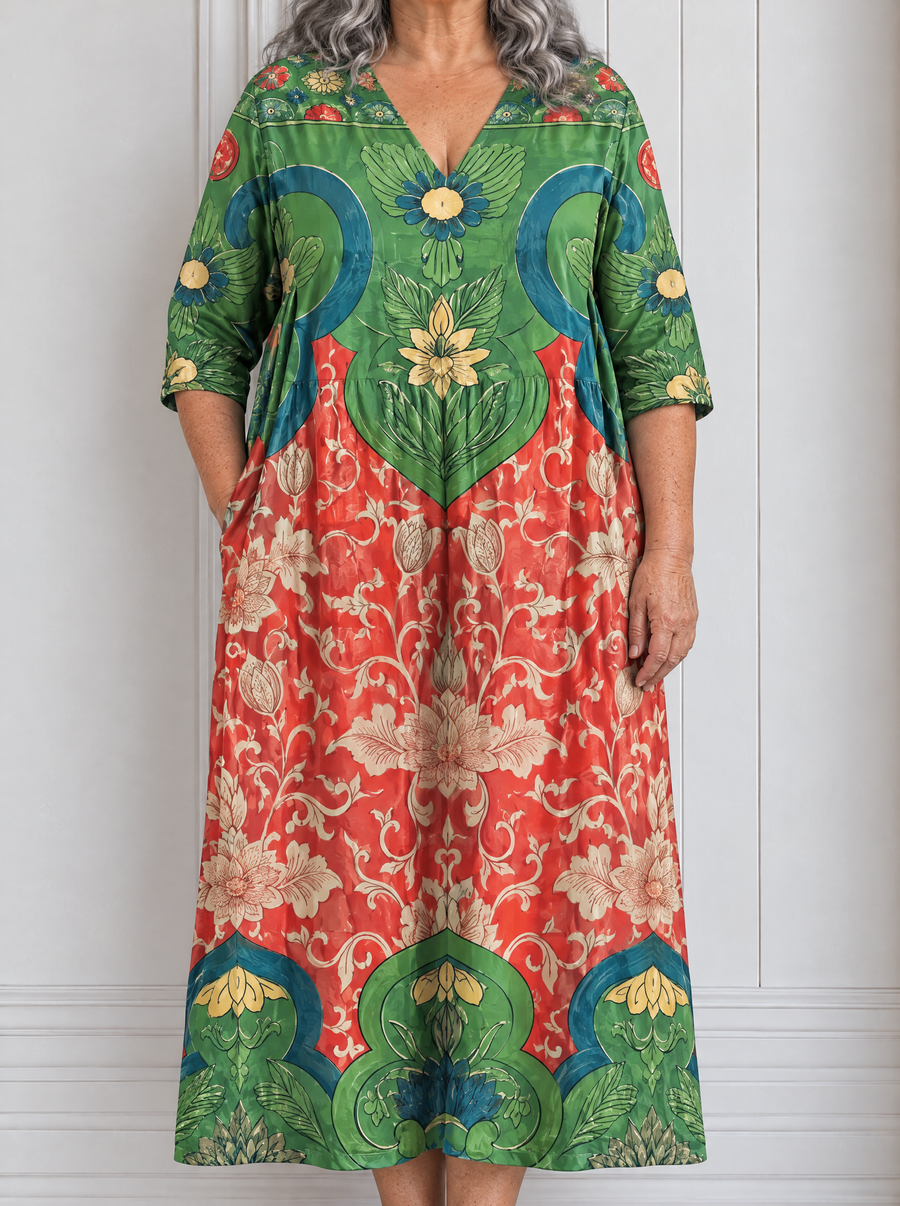 Sloane | Mixed Print V Neck Pocket Midi Dress