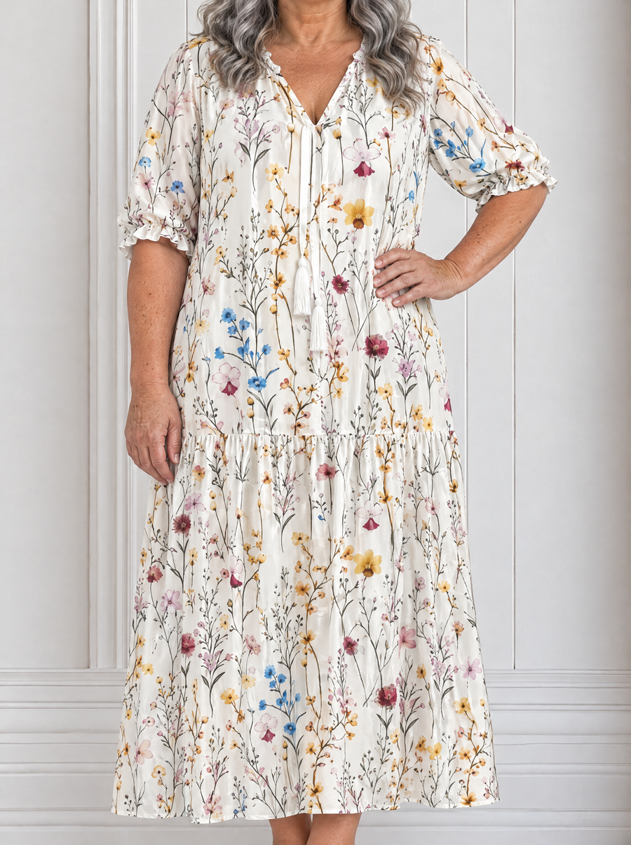 Sylvie | Botanical Print Tassel Tie Midi Dress