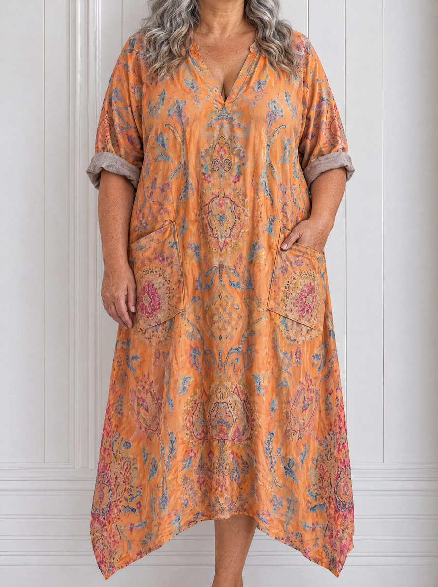 Remi | Notch Neck Printed Oversized Pocket Midi Dress