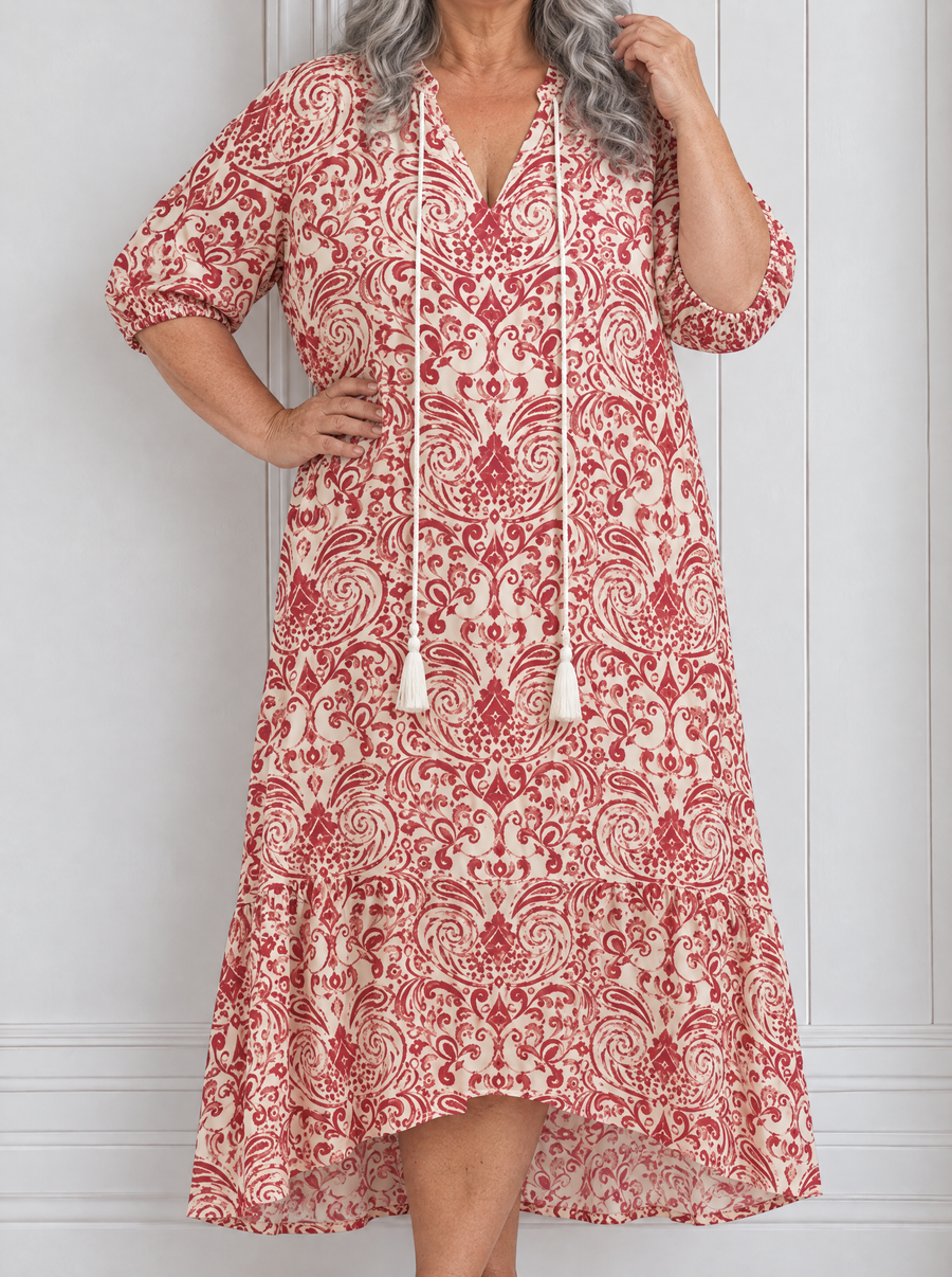 Noelle | Ornate Print Tassel Tie Midi Dress