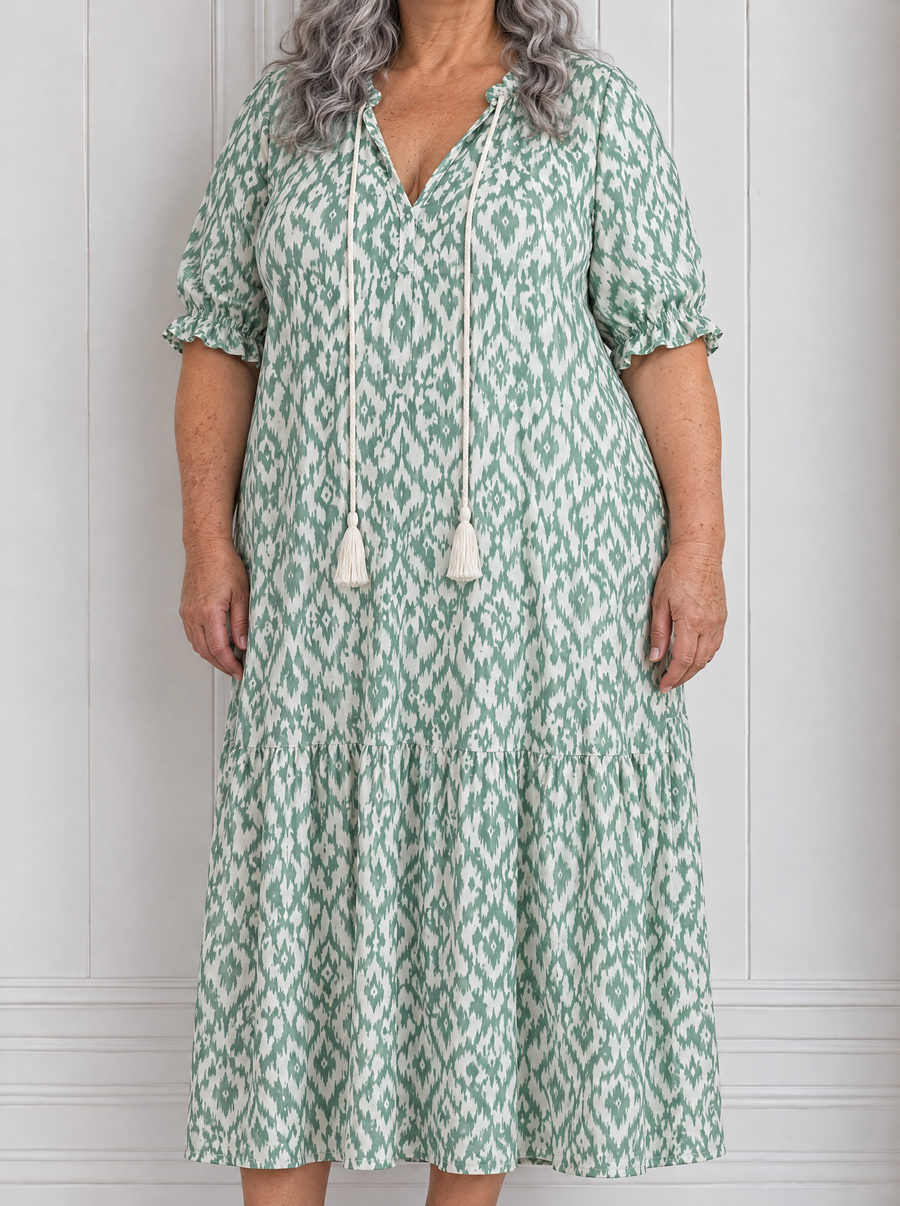 Ilara | Pattern V Neck Tassel Midi Dress