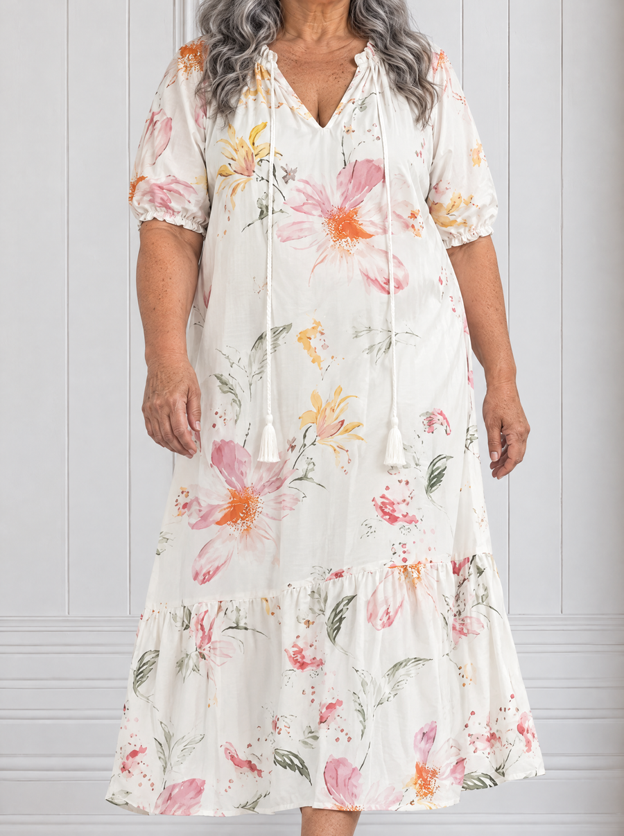 Noa | Soft Floral Tiered Tassel Midi Dress