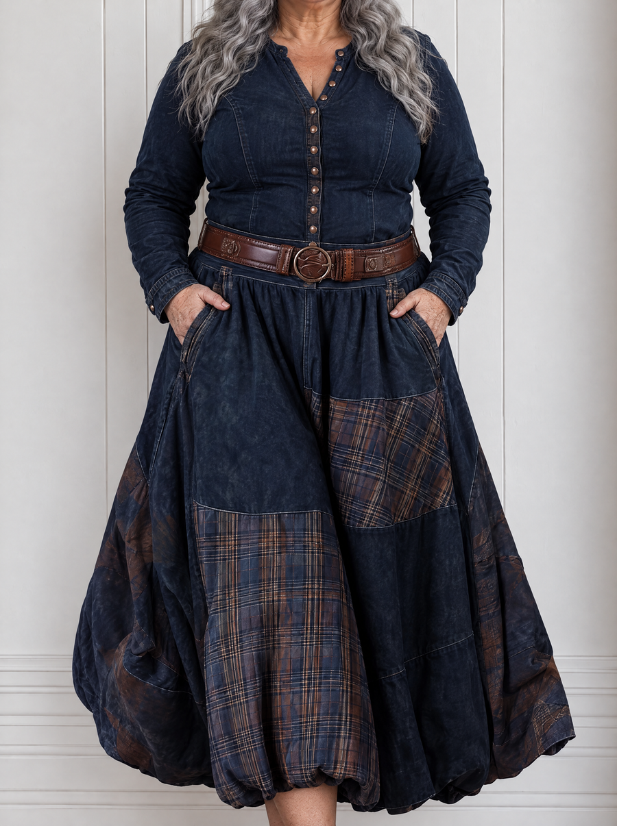 Leonora | Vintage Long Dress in Navy Blue Check
