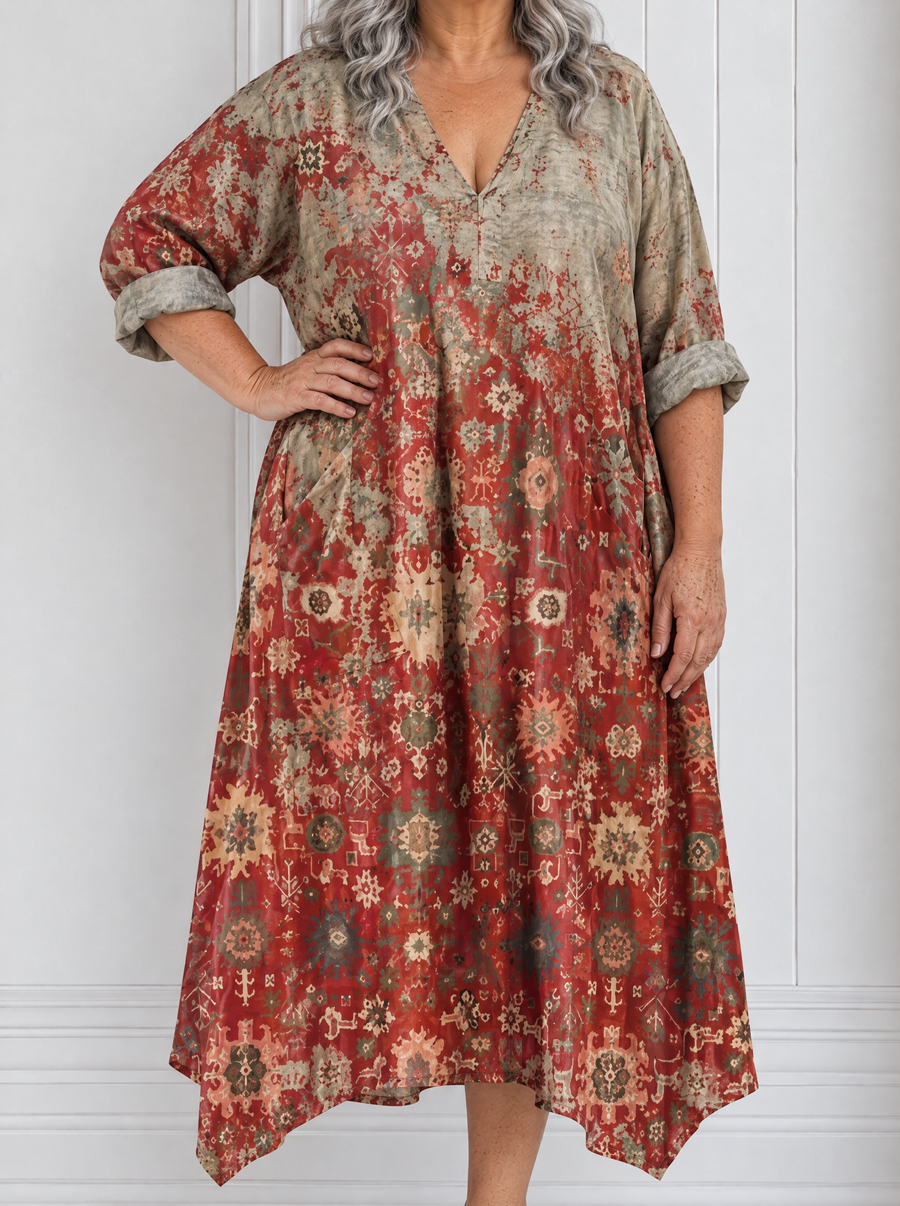 Saffron | Mixed Pattern Relaxed Pocket Midi Dress