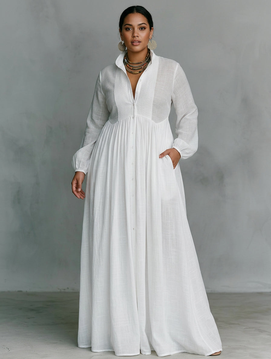 Celine | White Flowing Button-Front Maxi Dress