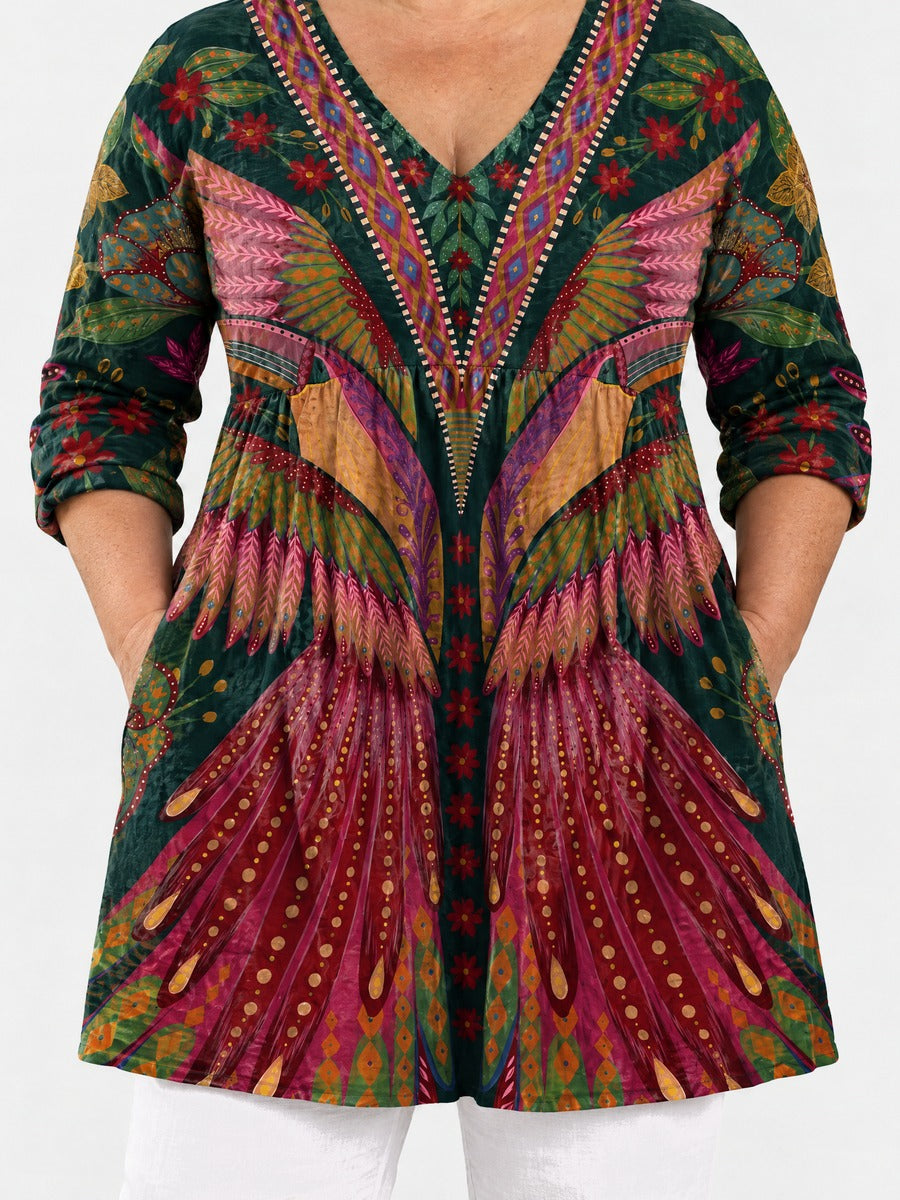 Jayla long blouse front view on a plus-size model