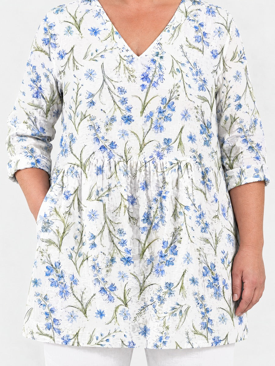 Lenora long blouse front view on a plus-size model