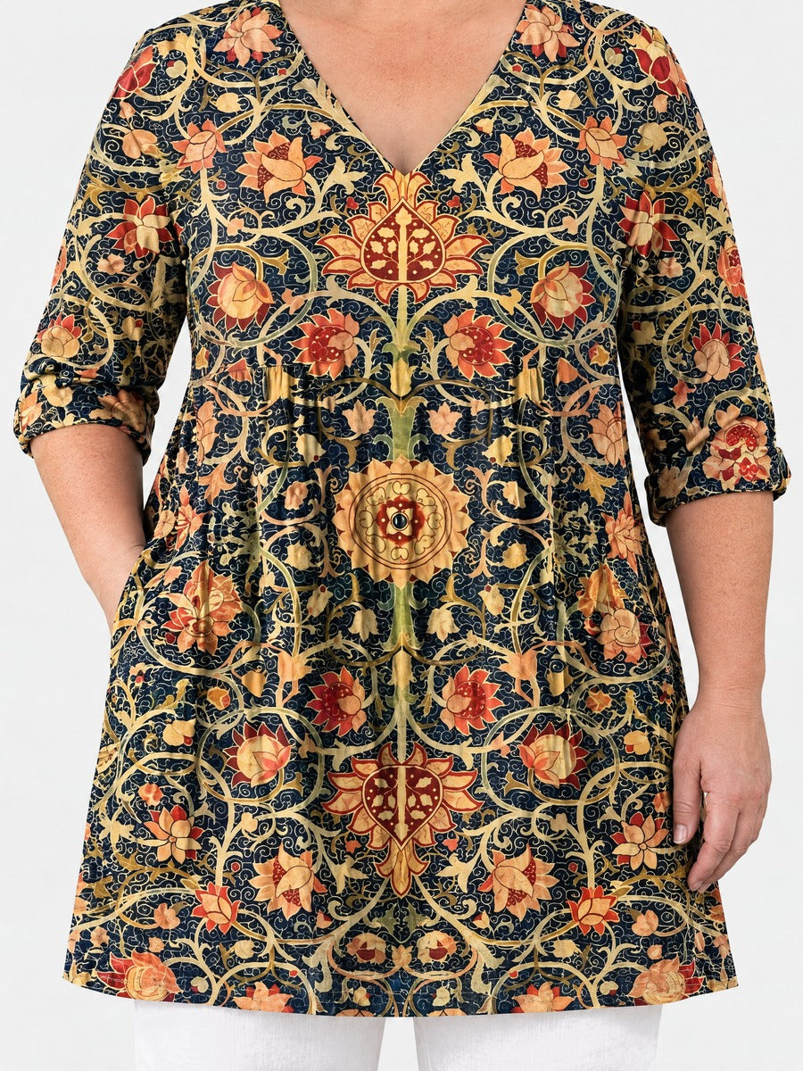 Lilian long blouse front view on a plus-size model