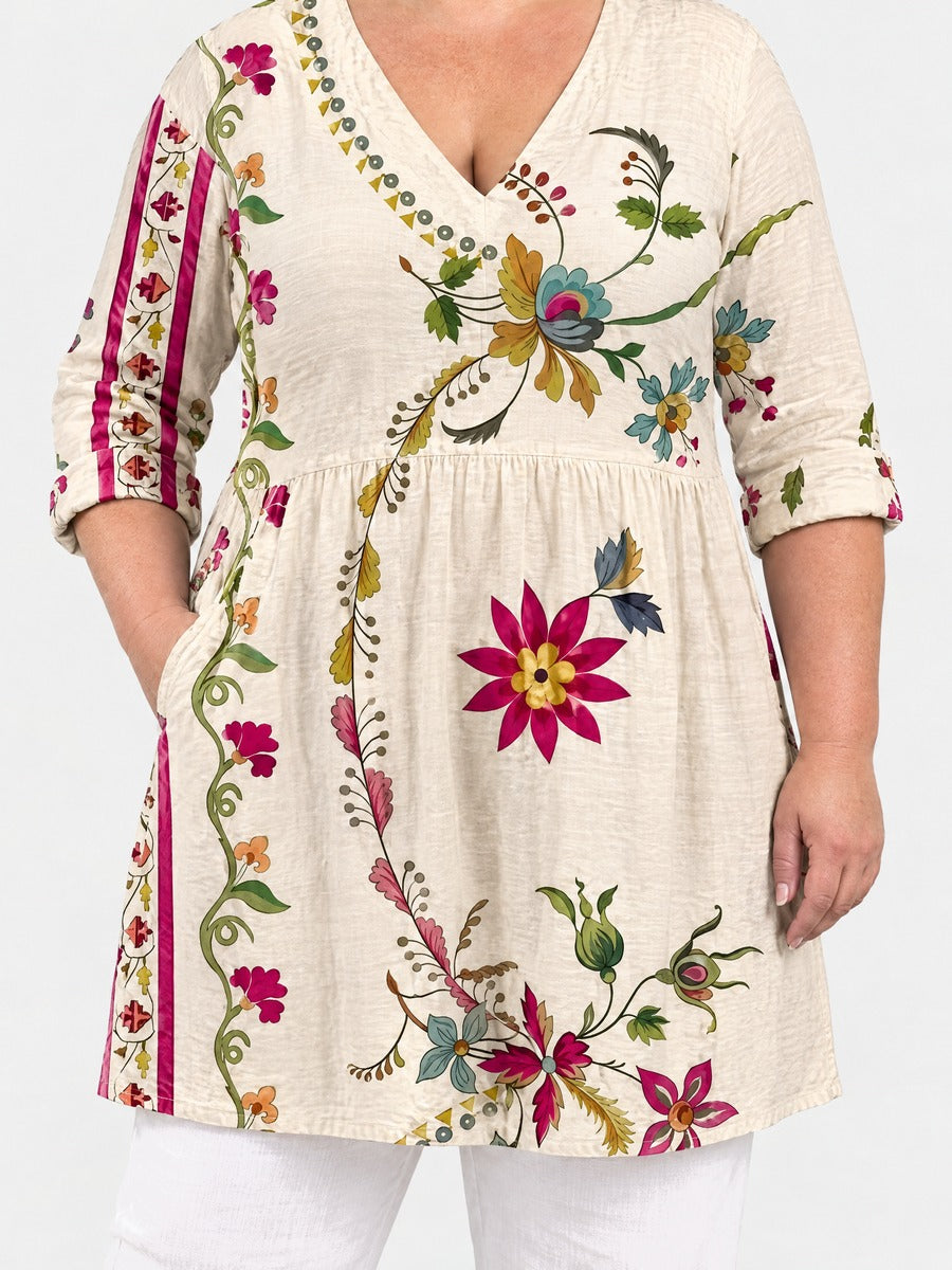 Lottie long blouse front view on a plus-size model