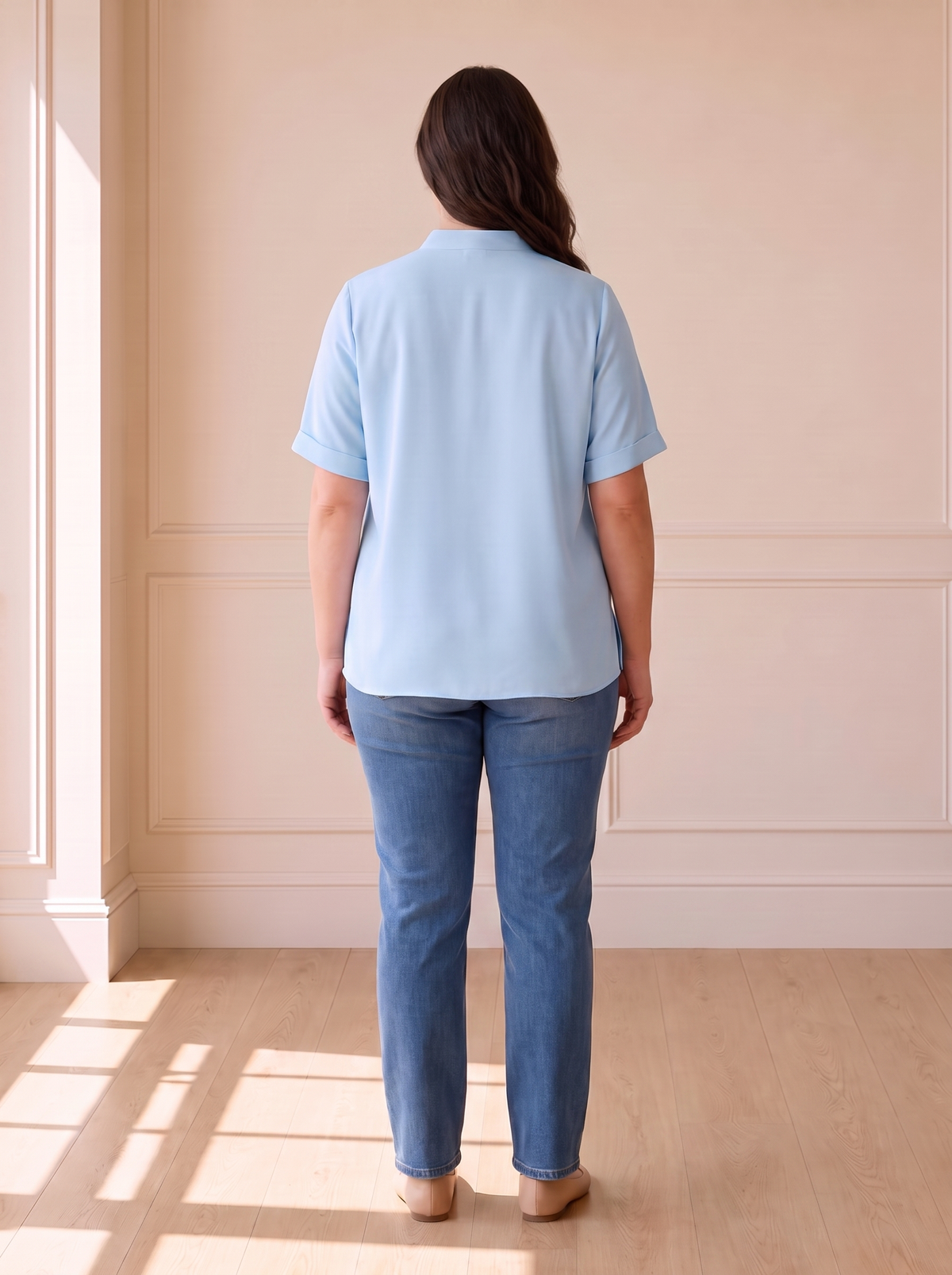 Margot chic V-neck blouse in blue, back view