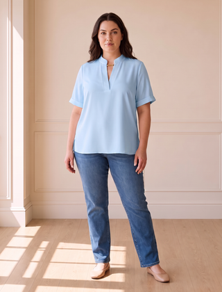 Margot chic V-neck blouse in blue, front view