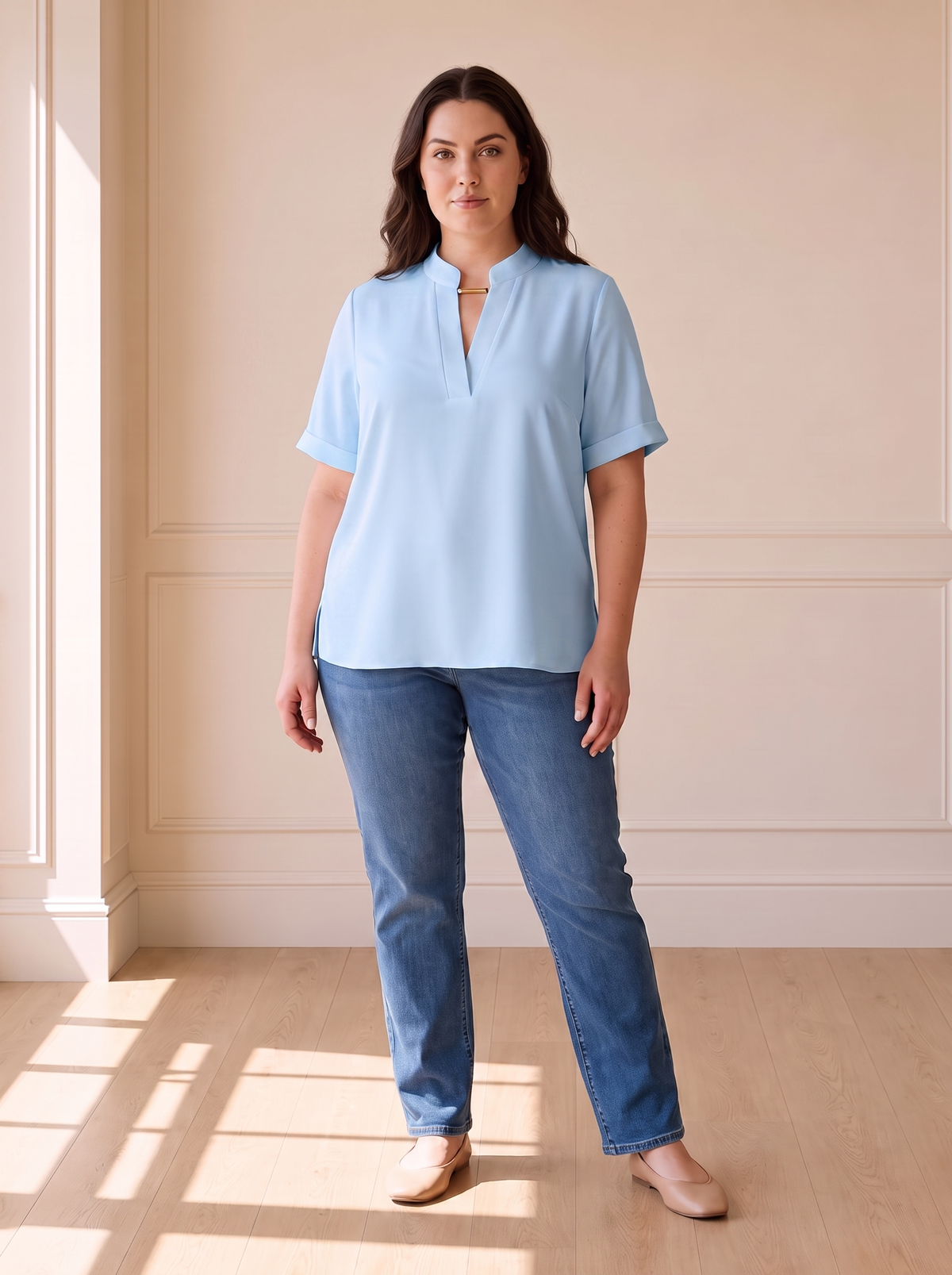 Margot chic V-neck blouse in blue, front view