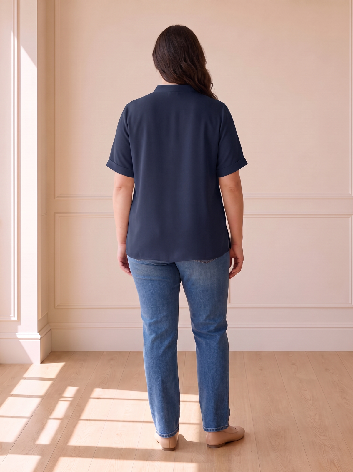 Margot chic V-neck blouse in dark blue, back view