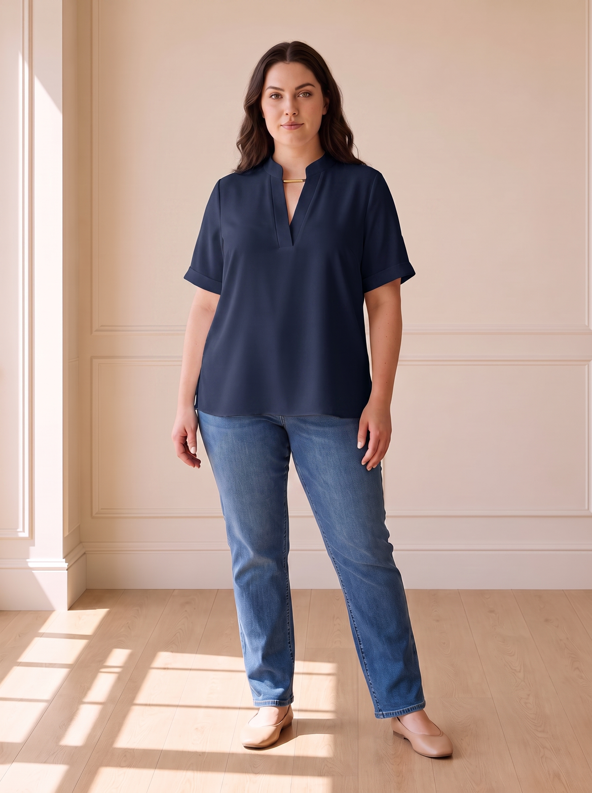 Margot chic V-neck blouse in dark blue, front view