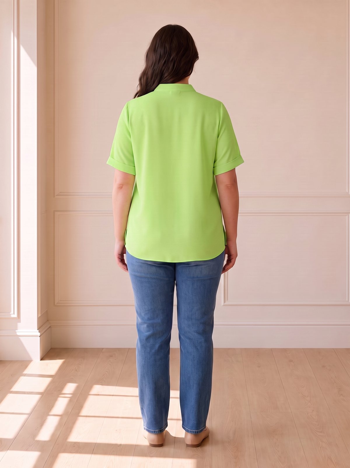 Margot chic V-neck blouse in green, back view