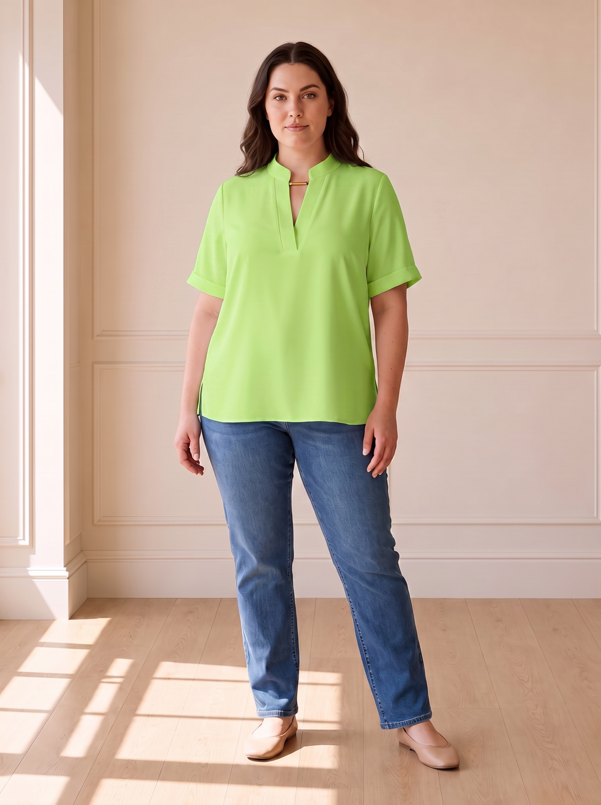 Margot chic V-neck blouse in green, front view