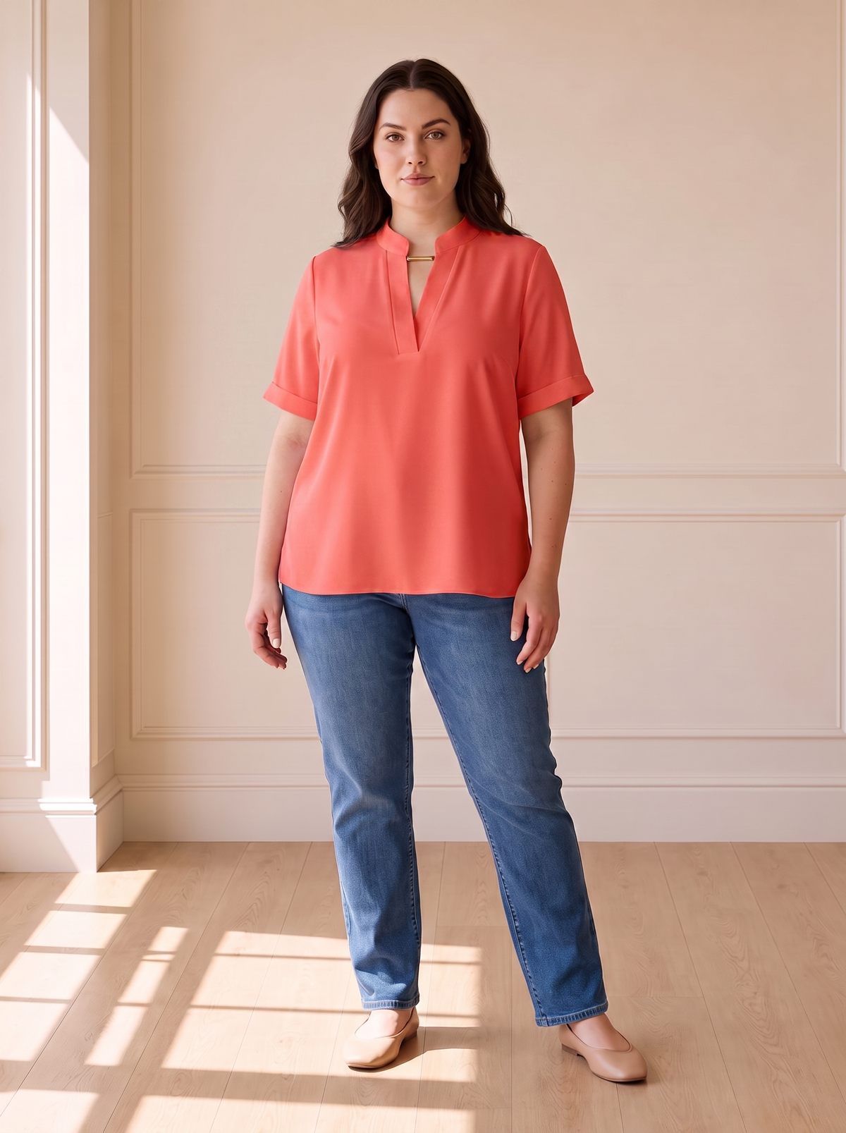Margot chic V-neck blouse in red, front view