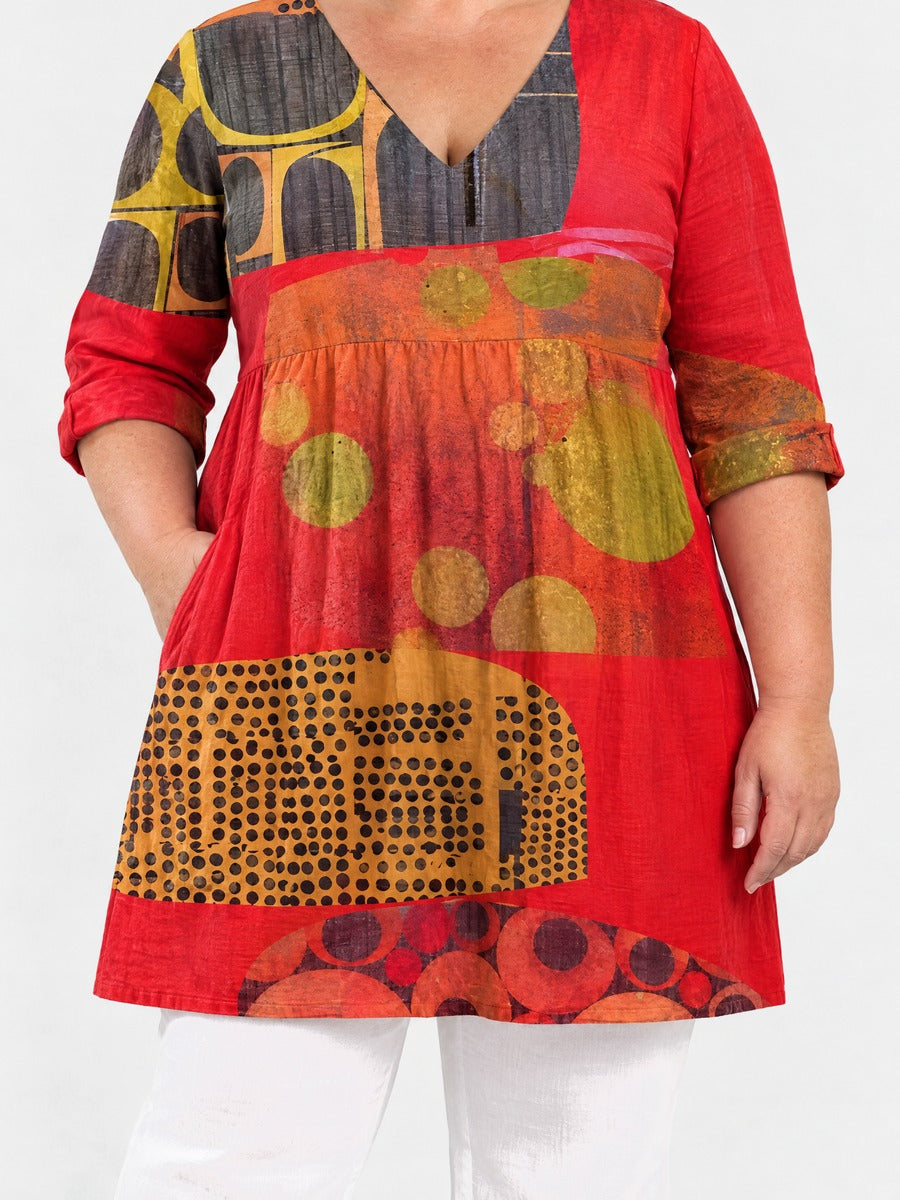 Maria long blouse front view on a plus-size model