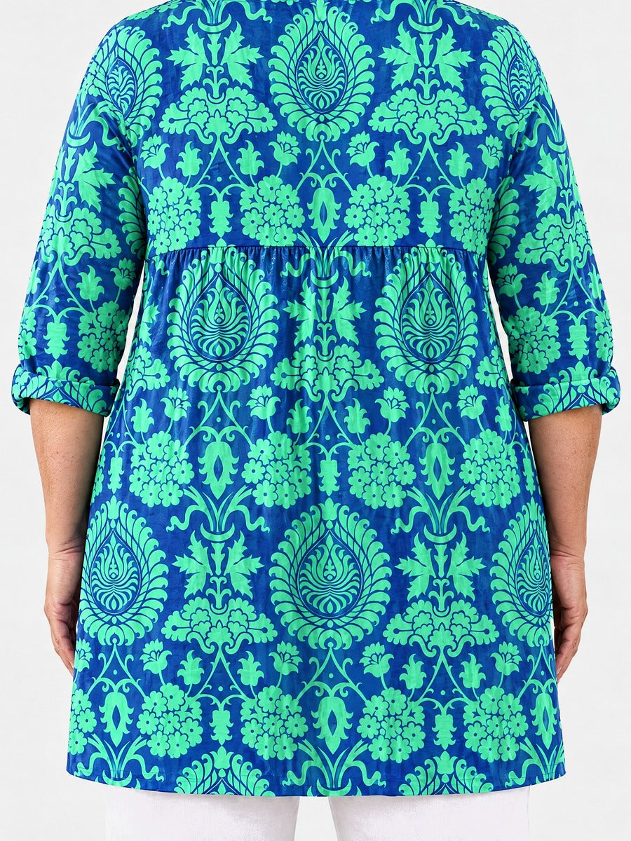 Marlee long blouse back view on a plus-size model