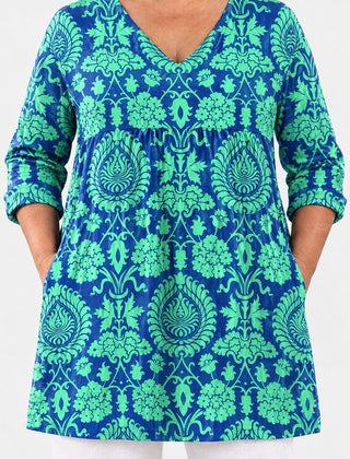 Marlee long blouse front view on a plus-size model